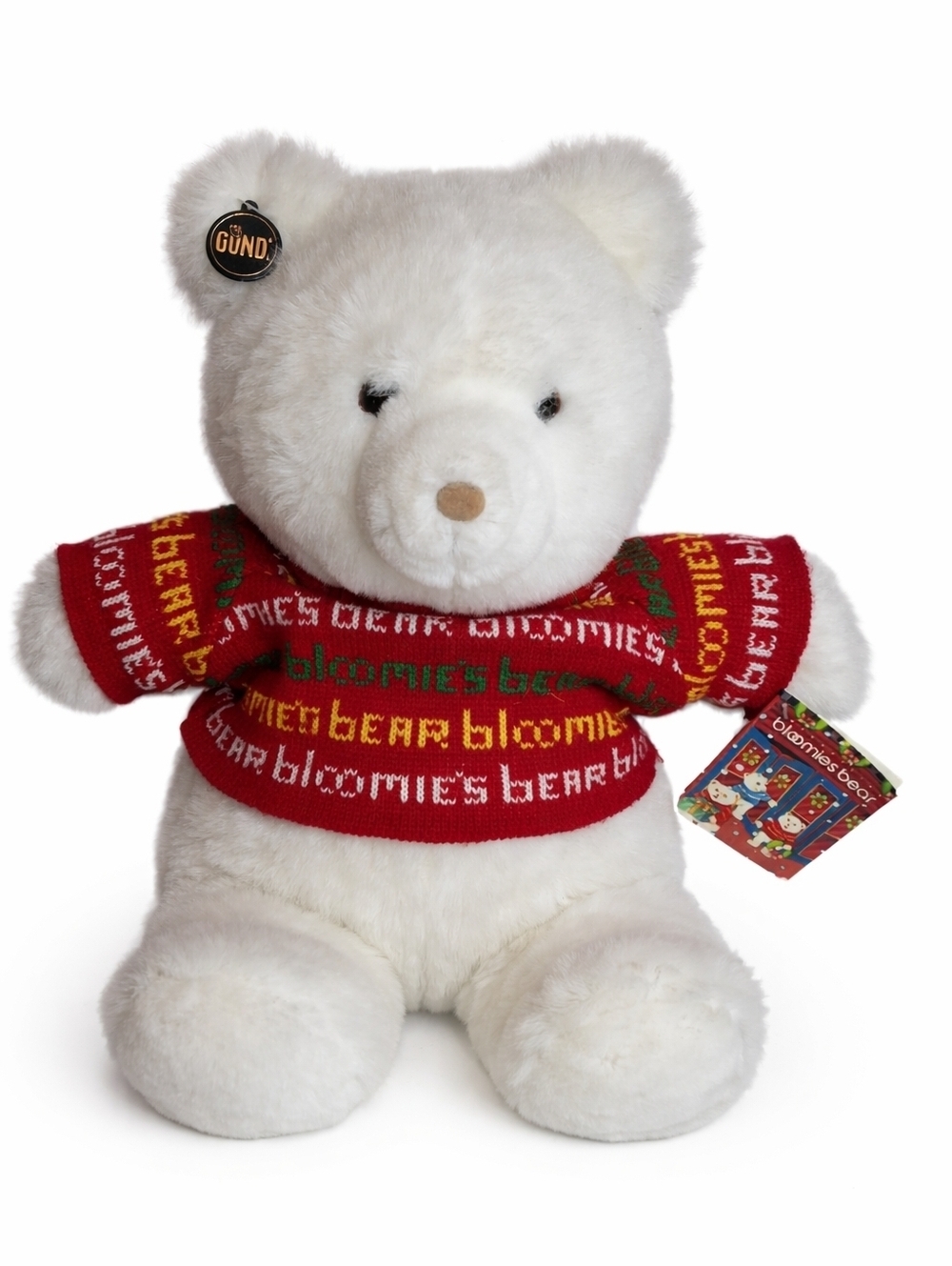 GUND Bloomingdale’s Bloomies Bear Plush White Teddy Red Sweater NWT Holiday Toyp